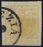 O 1850, 5 Cent. Giallo Arancio, Usato, Cert. Ferchenbauer (Sass. 1g) - Lombardo-Veneto