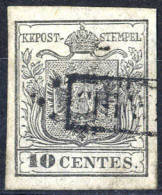 O 1850, 10 Cent. Grigio Nero, Prima Tiratura, Lusso, Cert. Steiner (Sass. 2d) - Lombardije-Venetië