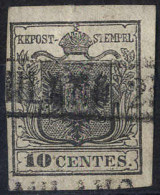 O 1850, 10 Cent. Nero, "decalco", Usato, Cert. Steiner (Sass. 2f) - Lombardo-Veneto