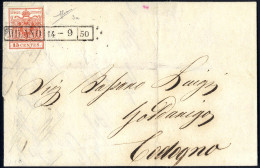 Cover 1850, 15 Cent. Rosso, Prima Tiratura, Su Lettera Da Milano 14.9.1850, Firm. Sorani (Sass. 3a - ANK 3HI Erstdruck) - Lombardo-Veneto
