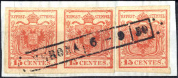 Piece 1850, Frammento 15 Cent. Rosso Vermiglio Intenso I° Tipo Su Carta A Mano, Singolo Più Coppia, La Coppia Con Stampa - Lombardo-Venetien