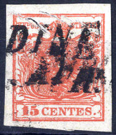 O 1854, "Pieghe Di Carta", 15 Cent. Rosso Carminio Scuro, Usato, Cert. Sottoriva (Sass. 3h) - Lombardo-Vénétie