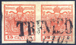 O 1850, 15 Cent. Rosso Vermiglio, Secondo Tipo, Coppia Orizzontale Da Treviso, Splendida E Non Comune, Cert. Zanini (Sas - Lombardije-Venetië