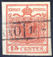 O 1854, "Pieghe Di Carta", 15 Cent. Rosso Vermiglio, Usato (Sass. 4) - Lombardo-Venetien