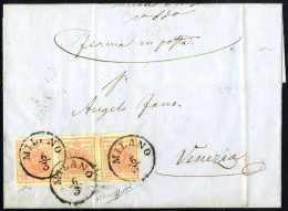 Cover 1850, 15 Cent. Rosa, Secondo Tipo, Striscia Di Tre Su Lettera Da Milano 12.3.1852 (Sass. 5 / 2000,- / ANK 3HIIb) - Lombardo-Vénétie