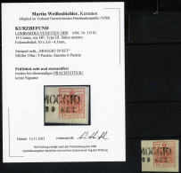 O 1850, 15 Cent. Rosso III°tipo Con Angolo Di Foglio 10x3,6-4,1mm, Usato A Moggio, Cert. Weißenbichler, Sass. 6 / Punti  - Lombardo-Venetien