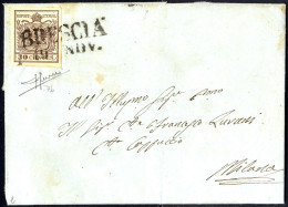 Cover 1850, 30 Cent. Bruno, Prima Tiratura, Su Lettera Da Brescia, Firm, Sorani (Sass. 7b - ANK 4HI Erstdruck) - Lombardo-Vénétie