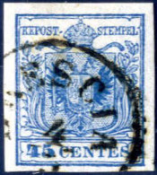 O 1850, 45 Cent. Azzurro III°tipo, Annullato, Firmato Colla, Sass. 12 / 100,- - Lombardo-Vénétie