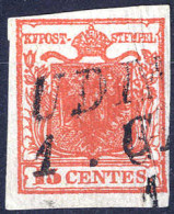 O 1854, "Pieghe Di Carta", 15 Cent. Rosso Vermiglio Intenso, "carta Costolata", Usato (Sass. 14b) - Lombardije-Venetië