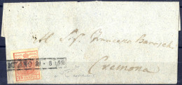 Cover 1851, "Carta Costolata", 15 Cent. Rosso Vermiglio, Secondo Tipo, Su Lettera Da Milano, Cert. Raybaudi (Sass. 15) - Lombardo-Venetien