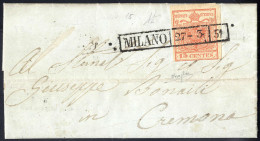 Cover 1851, 15 Cent. Rosso Vermiglio Su "carta Costolata" (a Filo In Basso) Su Lettera Da Milano 27.3.1851 Per Cremona,  - Lombardije-Venetië