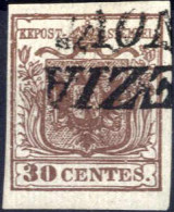O 1850, 30 Cent Bruno, Carta Costolata, Usato, Splendido, Certificato Dr. Ferchenbauer, Sass. 16 / 220,- - Lombardije-Venetië