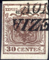 O 1850, 30 Cent Bruno, Carta Costolata, Usato, Splendido, Certificato Dr. Ferchenbauer, Sass. 16 / 220,- - Lombardo-Vénétie