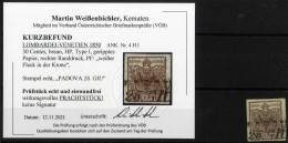 O 1850, 30 Cent. Bruno Scuro I°tipo Su Carta Costolata Con Difetto Di Clichè, Usato Padova 26 GIU, Splendido, Certificat - Lombardo-Vénétie