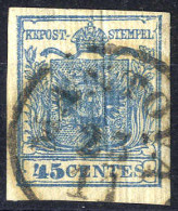 O 1851, "Carta Costolata", 45 Cent. Azzurro, Primo Tipo, Con Costolataura Evidente, Usato (Sass. 17 / 1200,-) - Lombardije-Venetië