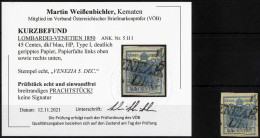 O 1850, 45 Cent. Azzurro Scuro I°tipo Su Carta Costolata Con Piega Naturale Di Carta, Splendido, Certificato Weißenbichl - Lombardo-Vénétie