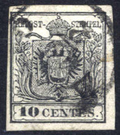 O 1854, 10 Cent. Nero, Carta A Macchina, Carta Spessa 0,12mm, Cert. Goller (Sass. 19) - Lombardo-Venetien