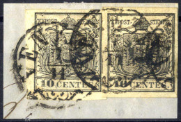 Piece 1854, 10 Cent. Nero, Carta A Macchina, Due Esemplari Su Frammento Da Venezia (Sass. 19) - Lombardo-Vénétie