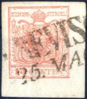 O 1850, 15 Cent Rosa, Angolo Di Foglio 5,5x4,5 Mm, Usato, Splendido, Certificato Steiner, Sass. 20 - Lombardo-Vénétie
