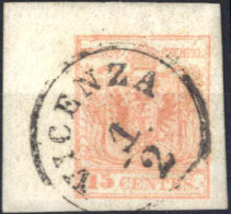 O 1850, 15 Cent. Angolo Di Foglio (9x4mm), Usato A Vicenza 1.2, Splendido, Sass. 20 / Ferch. 230,- - Lombardo-Vénétie