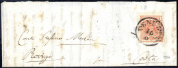 Cover 1854, "Pieghe Di Carta", 15 Cent. Rosso Vermiglio, Vistosa Piega Diagonale Da Arricciamento, Su Lettera Da Venezia - Lombardo-Venetien