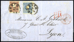 Cover 1859, 10 Soldi Bruno + 15 Soldi Azzurro, Secondo Tipo, Su Lettera Da Venezia 22.6.1860 Per Lyon, Annullo "P. D." I - Lombardo-Vénétie