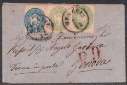 Cover 1863, Lettera Di Tre Sezioni Da Venezia Affrancata Con 3 + 3 + 10 Soldi, Annullo "P. D." In Rosso Sul Fronte, Cert - Lombardije-Venetië