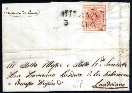 Cover "MILANO / 3 LUG.", Annullo SD Su 15 Cent. Rosso, Prima Tiratura, Su Lettera Per Landriano (Sass. 3a - 6P.) - Lombardy-Venetia