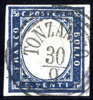 O "TONZANICO 30 / 9", Annullo C3 Su 20 Cent., IV Emissione Di Sardegna, Splendido (Sass. 11P.) - Lombardy-Venetia