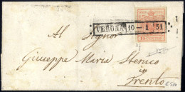 Cover "VERONA / 10 - 1 / 51", Annullo R51 Su 15 Cent. Rosso Su Lettera Per Trento, Firm. Sorani (Sass. 3e - 6P.) - Lombardy-Venetia