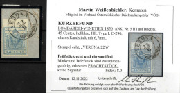 Piece "Verona", Frammento Del 22.6.1850 Affrancato Con 45 C Azzurro, I Tipo Carta A Mano, Cert. Weißenbichler (ANK 5H I) - Lombardo-Vénétie