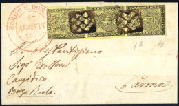 Cover 1852, Lettera Da Borgo S. Donnino Il 27.8 Per Parma Affrancata Con Striscia Verticale Di Tre 5 C. Giallo, Firmata  - Parma