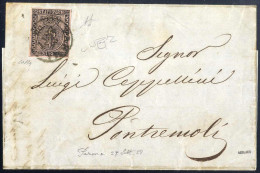 Cover 1858, Lettera Da Parma Il 27.9 Per Pontremoli Affrancata Con 15 C. Rosa, Firmata AD, Raybaudi, Colla E Timbrino Bo - Parme