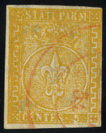 O 1853/55, 5 Cent. Giallo Arancio, Annullo Rosso, Assottigliato (S. 6 / 1300,-) - Parma