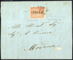Cover 1855, Lettera Da Parma Il 29.4 Per Modena Affrancata Con 15 C. Vermiglio Chiaro, Firmata Emilio Diena, Dante Bolaf - Parme