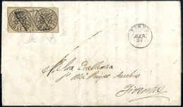 Cover 1852, 4 Baj. Bruno Grigio Chiaro, Coppia Su Lettera Da Fermo 2.3.1857 Per Firenze, Splendida, Firm. A. + E. Diena  - Etats Pontificaux