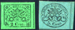 * 1867, Stemma Pontificio, 2 C. Verde Giallo E 5 C. Azzurro Verdastro, Gomma Originale, Sass. 13,16 / 580,- - Etats Pontificaux