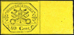 ** 1867, Stemma Pontificio, 40 C. Giallo, Bordo Integrale Di Destra Con Gomma Originale Integra, Cert. Avi, Sass. 19 / 8 - Etats Pontificaux