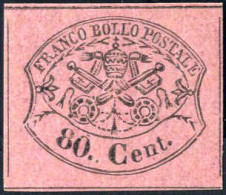 * 1867, Stemma Pontificio, 80 C. Rosa Lillaceo Con Gomma Originale, Copia Di Un Cert. Sorani Per Più Valori, Sass. 20 /  - Etats Pontificaux