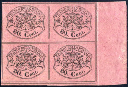 */bof 1867, Stemma Pontificio, 80 C. Rosa Lillaceo, Blocco Di Quattro Con Bordo Integrale Di Destra Con Gomma Originale  - Etats Pontificaux