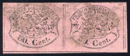 O 1867, 80 Cent. Rosa Lillaceo, Coppia Orizzontale, Usata, Cert. Cardillo (Sass. 20 / 2100,-) - Etats Pontificaux