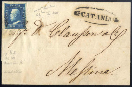 Delcampe - Cover 1859, Lettera Da Catania Il 14.1 Per Messina Affrancata Con 2 Gr. Azzurro Vivo I Tavola Carta Di Napoli Pos. 100,  - Sicilia