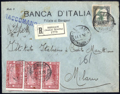 Cover 1926, Lettera Raccomandata Da Bengasi L' 11.1. Per Milano Affrancata Per 1,85 L. Con Striscia Di Tre 60 C. S. Fran - Cirenaica