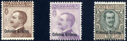 * 1916, 40 C., 50 C. E 10 L. Con Soprastampa "Colonia Eritrea", Nuovi Con Gomma Originale, Il 10 L. Con Traccia Di Lingu - Erythrée