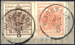Delcampe - Piece "Wagstadt", RS-f (15 Punkte) 2x Auf Zwei Briefstücken Mit 3 Kr. Rot Und 6 Kr. Braun, ANK 3,4 - Other & Unclassified