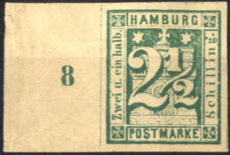 * 1864, Hamburger Wappen, 2½ S. Blaugrün, Ungezähntes Linkes Randstück Mit Reihennummer 8, Gefalzt, Mi. 9 - Hambourg