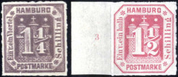 ** 1866, 1 1/4 S. Dunkelbraunviolett Und 1 1/2 S. Rosakarmin (diese Mit Linkem Bogenrand Mit Reihenzähler) Mit Durchstic - Hambourg