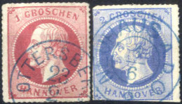 O 1864, König Georg V, 1 Gr Rotkarmin, 2 Gr Ultramarin, Durchstochen Und Gestempelt, Mi. 23y,24 - Hanovre