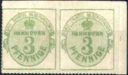 */pair 1864, Krone Im Oval, 3 Pf Olivgrün, Waagrechtes Paar Der Rechten Oberen Ecke, Rosa Gummierung, Durchstochen, Gefa - Hanovre