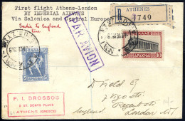 Cover 1929, Erstflug Athen - London, Frankierter Rekobeleg Vom 8.11.1929 (Muller 22 / 1000P.) - Autres & Non Classés